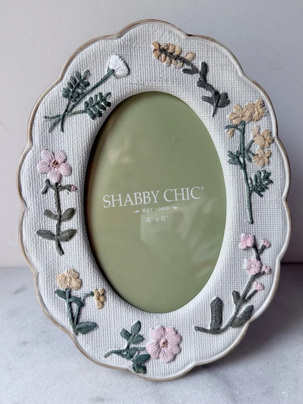 Shabby Chic White Embroidered Floral Oval Photo Frame